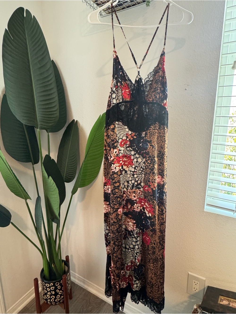 Free People Right Now Black Multi Floral & Leopard Slip Midi Dress